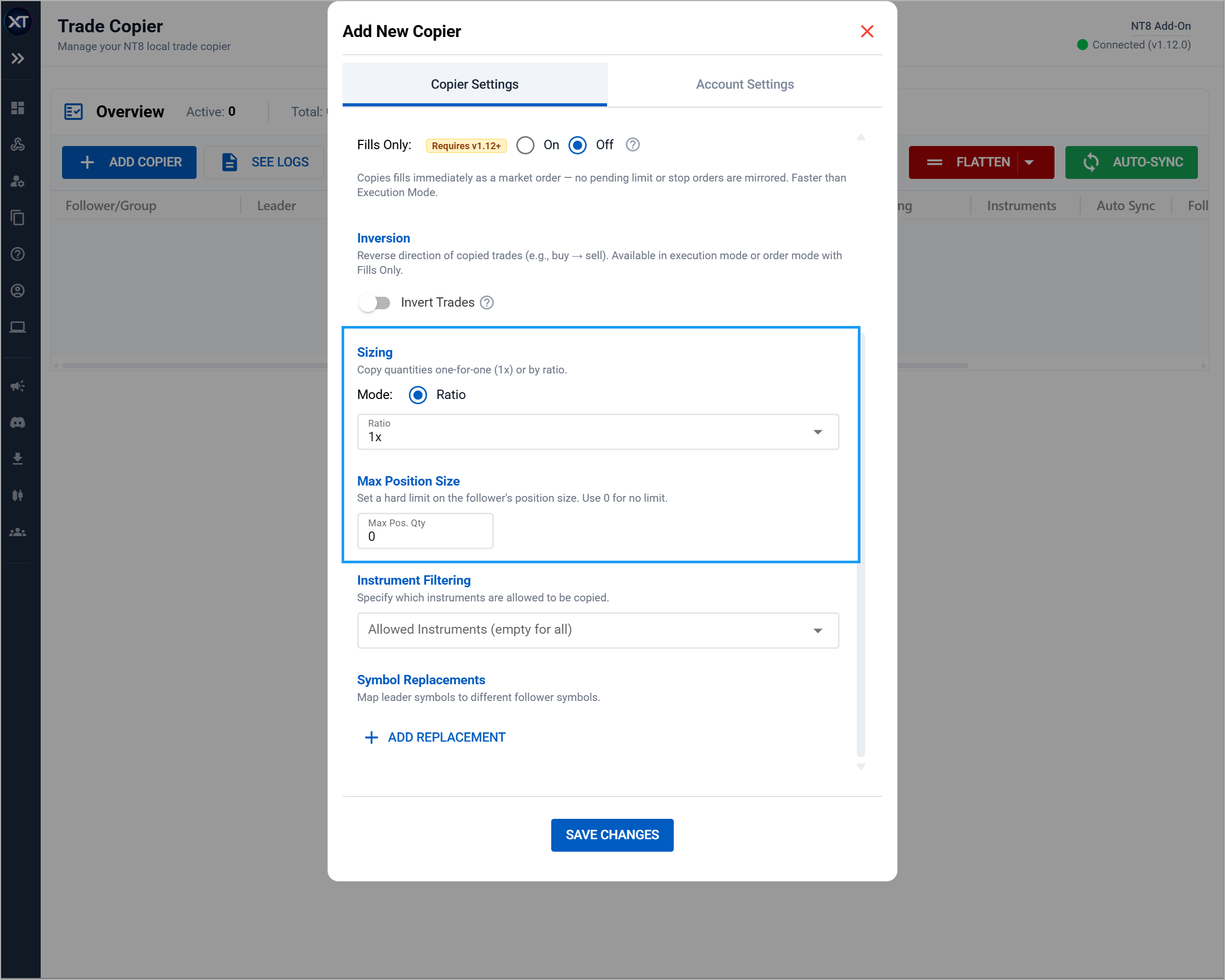 position trade control settings