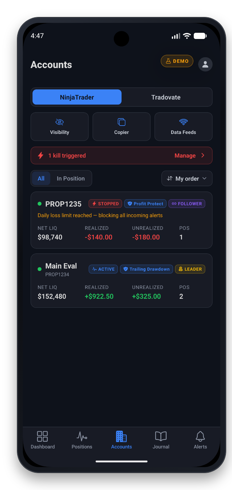 The Accounts screen: monitored accounts with status, net liquidation and P&L