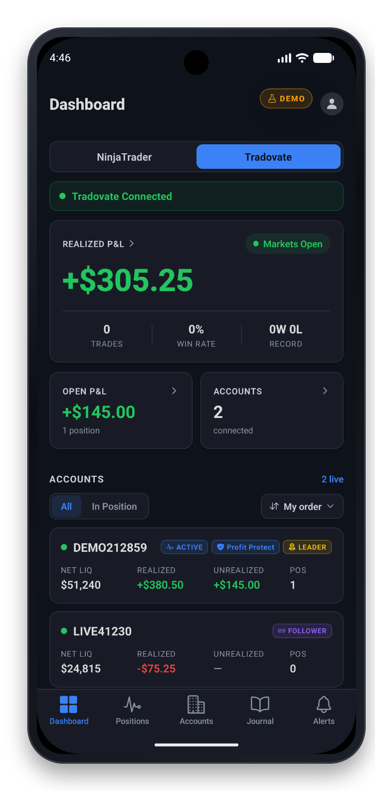 The Dashboard switched to Tradovate, with Tradovate connected and live P&L