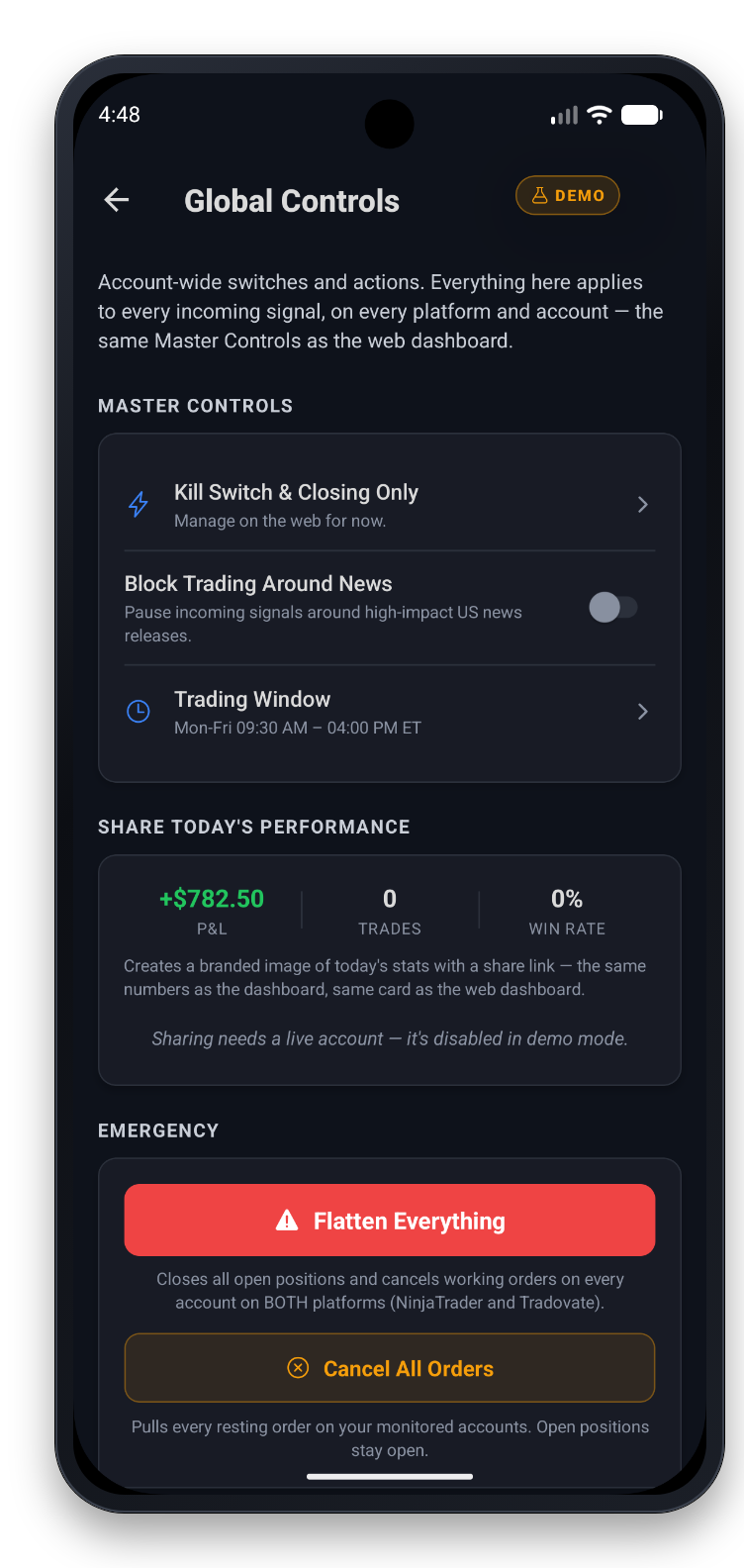Global Controls: Flatten Everything and Cancel All Orders across every monitored account