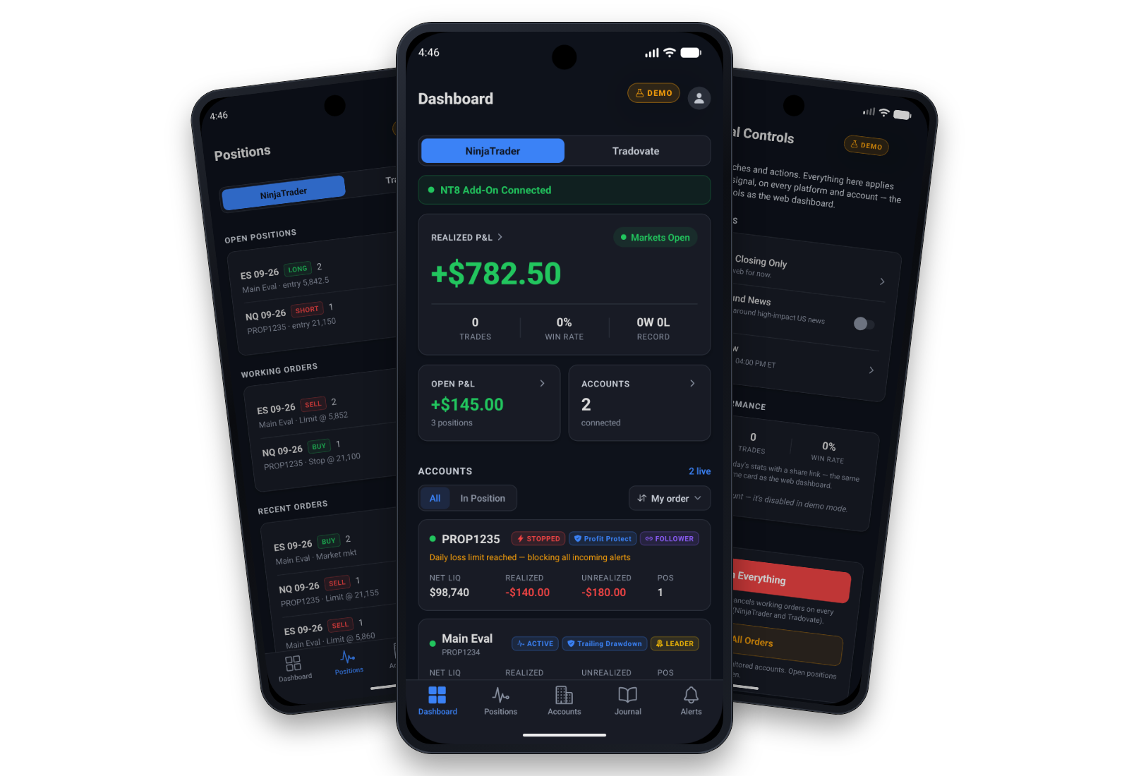 The CrossTrade app on Android: the Dashboard with the NT8 Add-On connected and live P&L, between the Positions and Global Controls screens