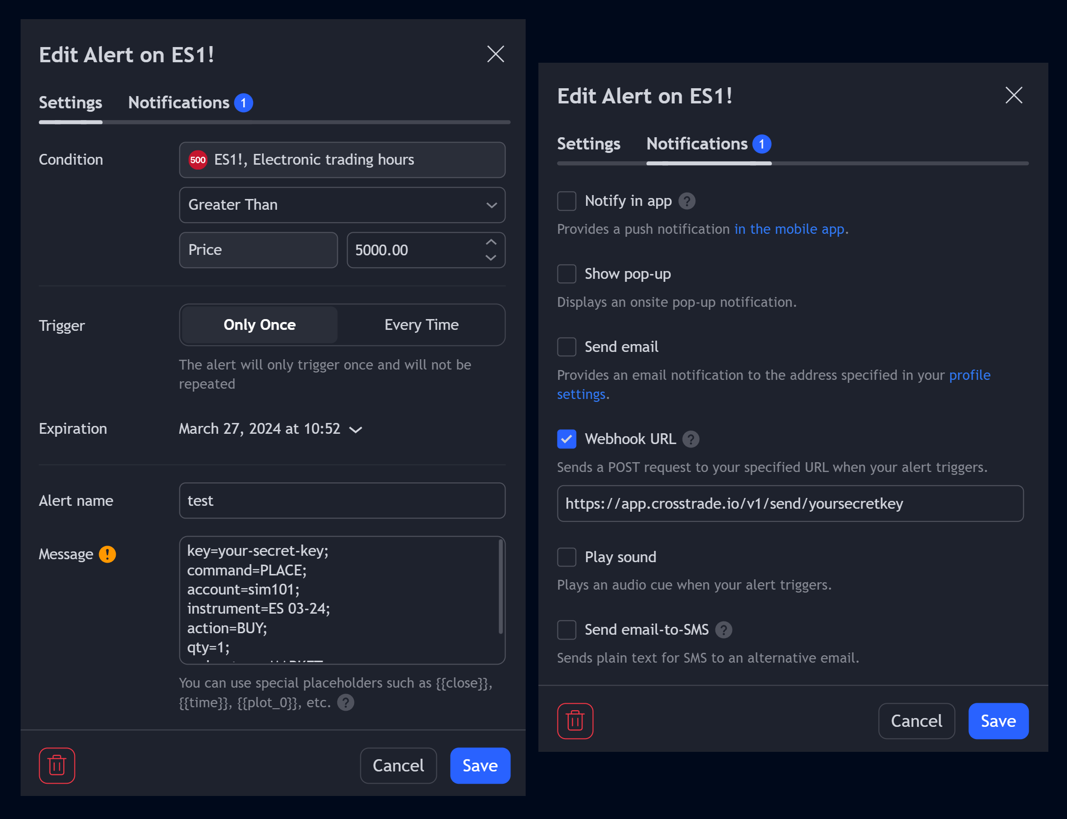 alert window for sending webhooks