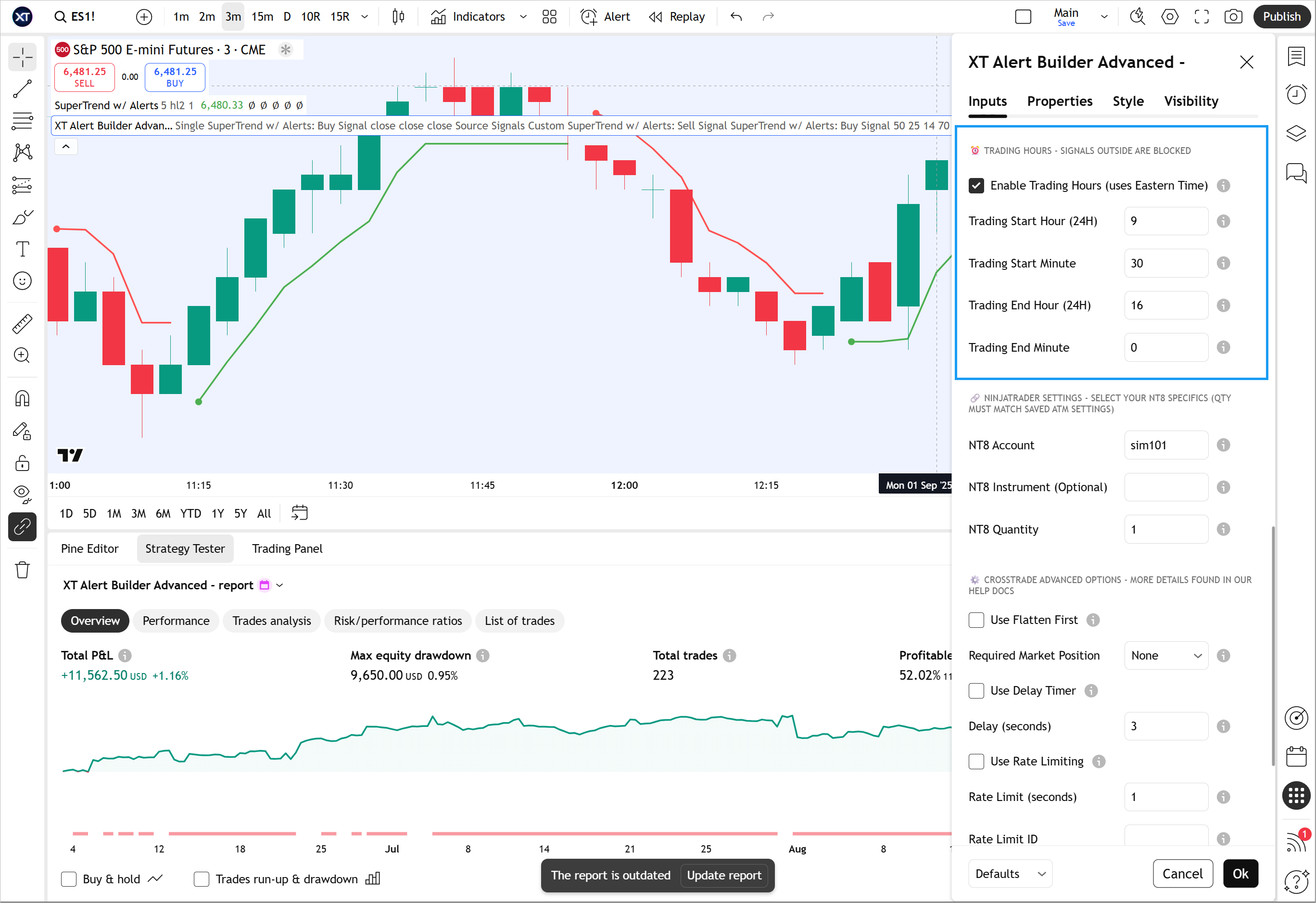Trading hours settings